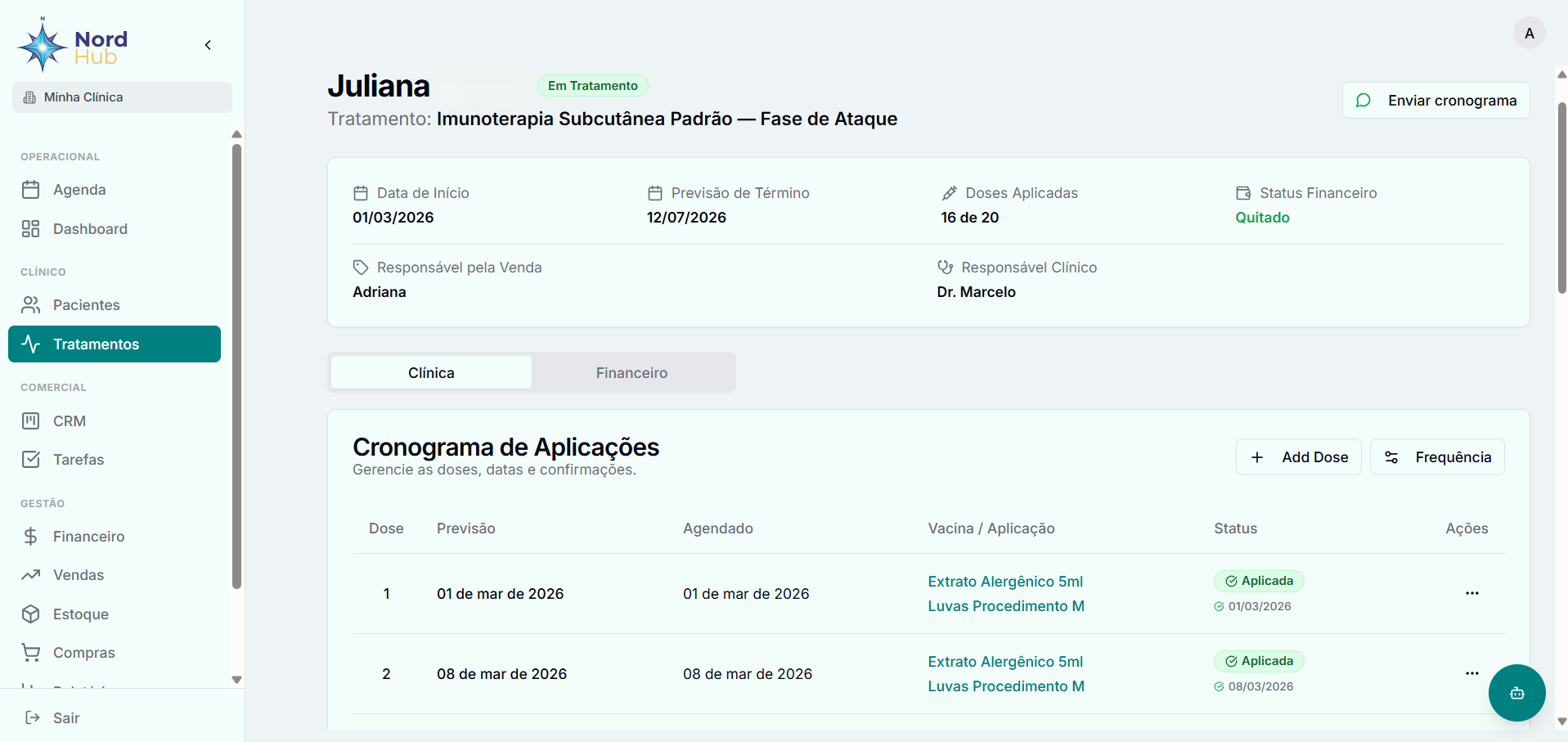 Ciclo de tratamento do paciente no Nord Hub mostrando 16 de 20 doses aplicadas